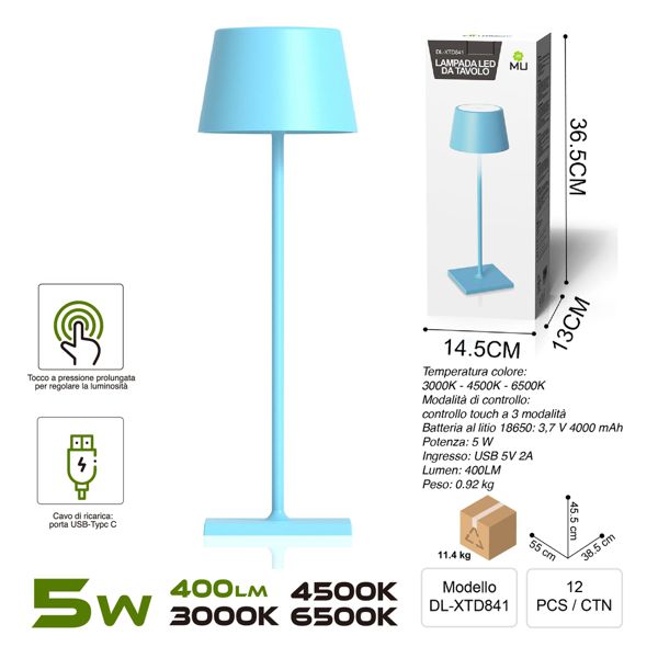 DL-XTD841 TOUCHLAMPADA IN FERRO AZZURRO RICARICA USB