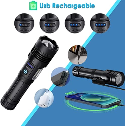 m MU Torcia Led Potente Professionale, Torcia Led Ricaricabile,Torcia Led 3000 Lumen XHP70.2, Torcia Tattica Militare, IP45 Impermeabile Flashlight Per Campeggio Trekking Emergenza (3400mAh)