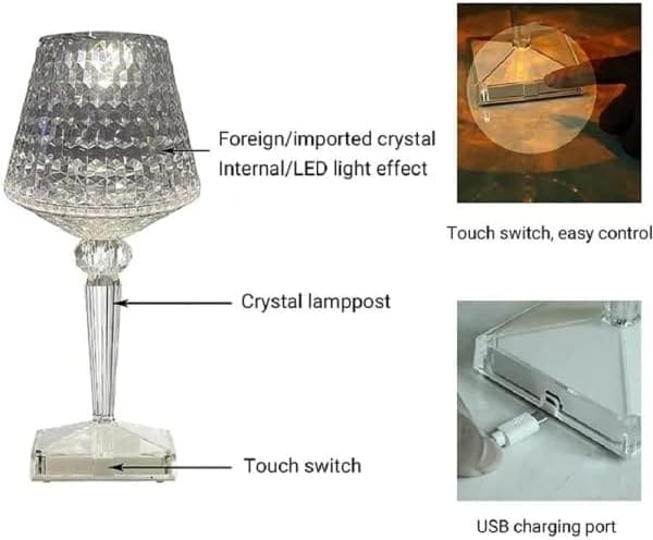 m MU Lampada da Tavolo DL-XTD805 LED Ricaricabile di Cristallo 3 Colori Decorativa.