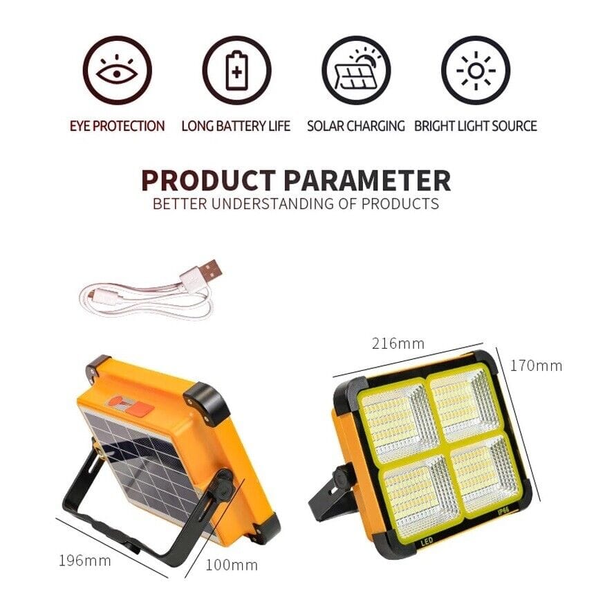 Faretto LED Portatile con Ricarica Solare e Cavo USB 15W 20W 27W 35W Impermeabile Illuminazione a Lunga Durata per Campeggio, Escursioni, Pesca, Cantieri, Black out