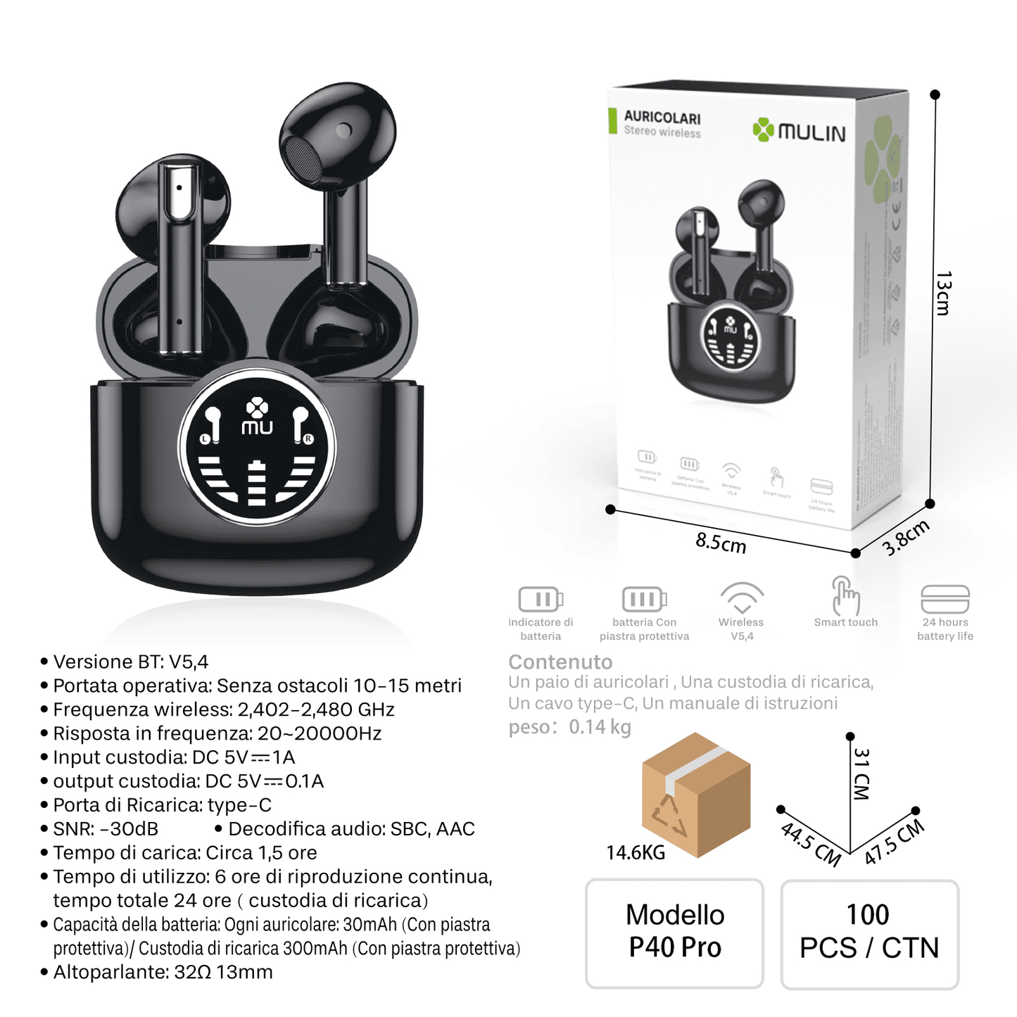 P40 Pro Cuffie Wireless con Smart Touch e LED Display