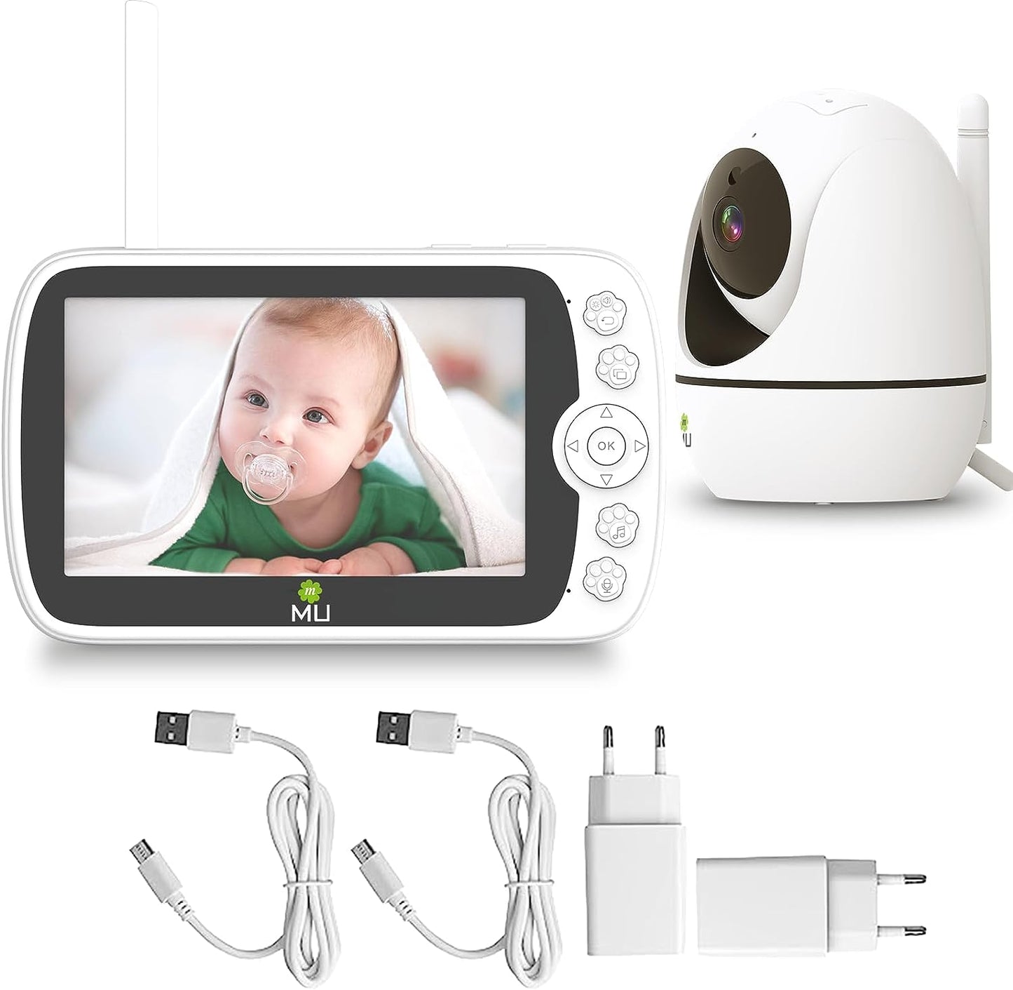 Wireless No Wifi Video and Audio Baby Monitor, 5'' LCD Screen, 1080p High Resolution, VOX Function, Night Vision, Temperature Monitoring, 6 Lullabies, 350° Rotation (TV-BM308-5C-2MP)