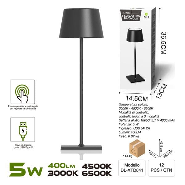 DL-XTD841 TOUCHLAMPADA IN FERRO NERO RICARICA USB