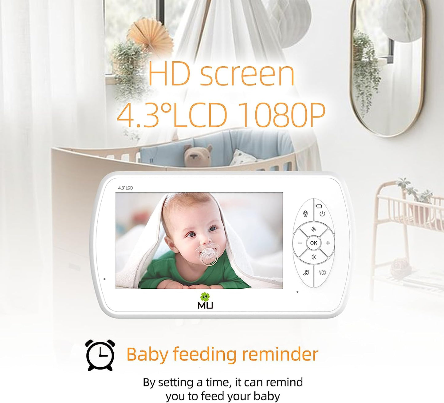 Wireless No Wifi Video and Audio Baby Monitor, 4.3'' LCD Screen, 1080p High Resolution, VOX Function, Night Vision, Temperature Monitoring, 6 Lullabies (TV-BM520-2MP)