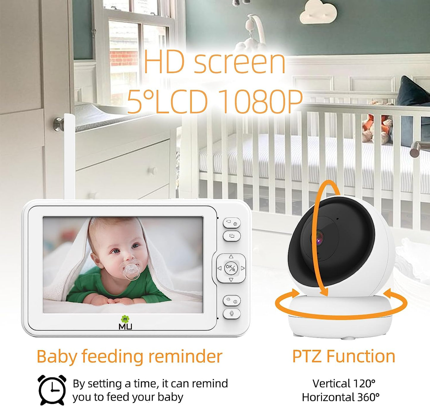 Wireless No Wifi Video and Audio Baby Monitor, 5'' LCD Screen, 1080p High Resolution, VOX Function, Night Vision, Temperature Monitoring, 6 Lullabies, 360° Rotation (TV-BM268-2MP)