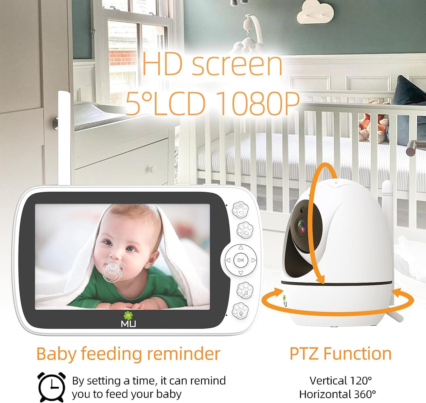 Wireless No Wifi Video and Audio Baby Monitor, 5'' LCD Screen, 1080p High Resolution, VOX Function, Night Vision, Temperature Monitoring, 6 Lullabies, 350° Rotation (TV-BM308-5C-2MP)