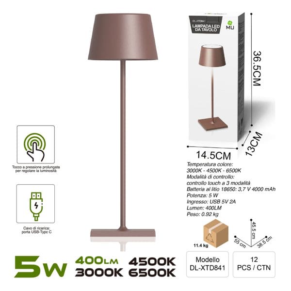 DL-XTD841 TOUCHLAMPADA IN FERRO MARRONE RICARICA USB