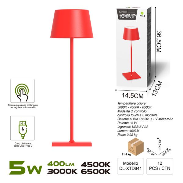 DL-XTD841 TOUCHLAMPADA IN FERRO ROSSO RICARICA USB