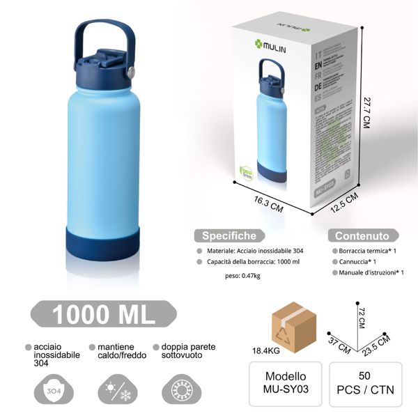 MU-SY03 BLU 1000ML DOPPIA PARETE SOTTO MANTIENE CALDE/FREDDO