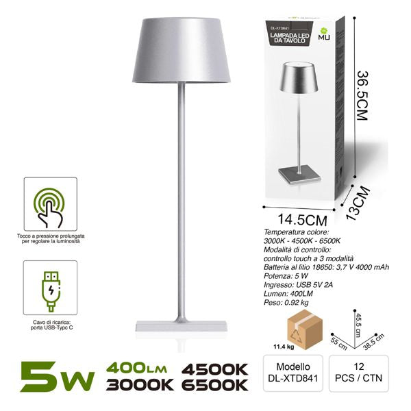 DL-XTD841 TOUCHLAMPADA IN FERRO ARGENTO RICARICA USB