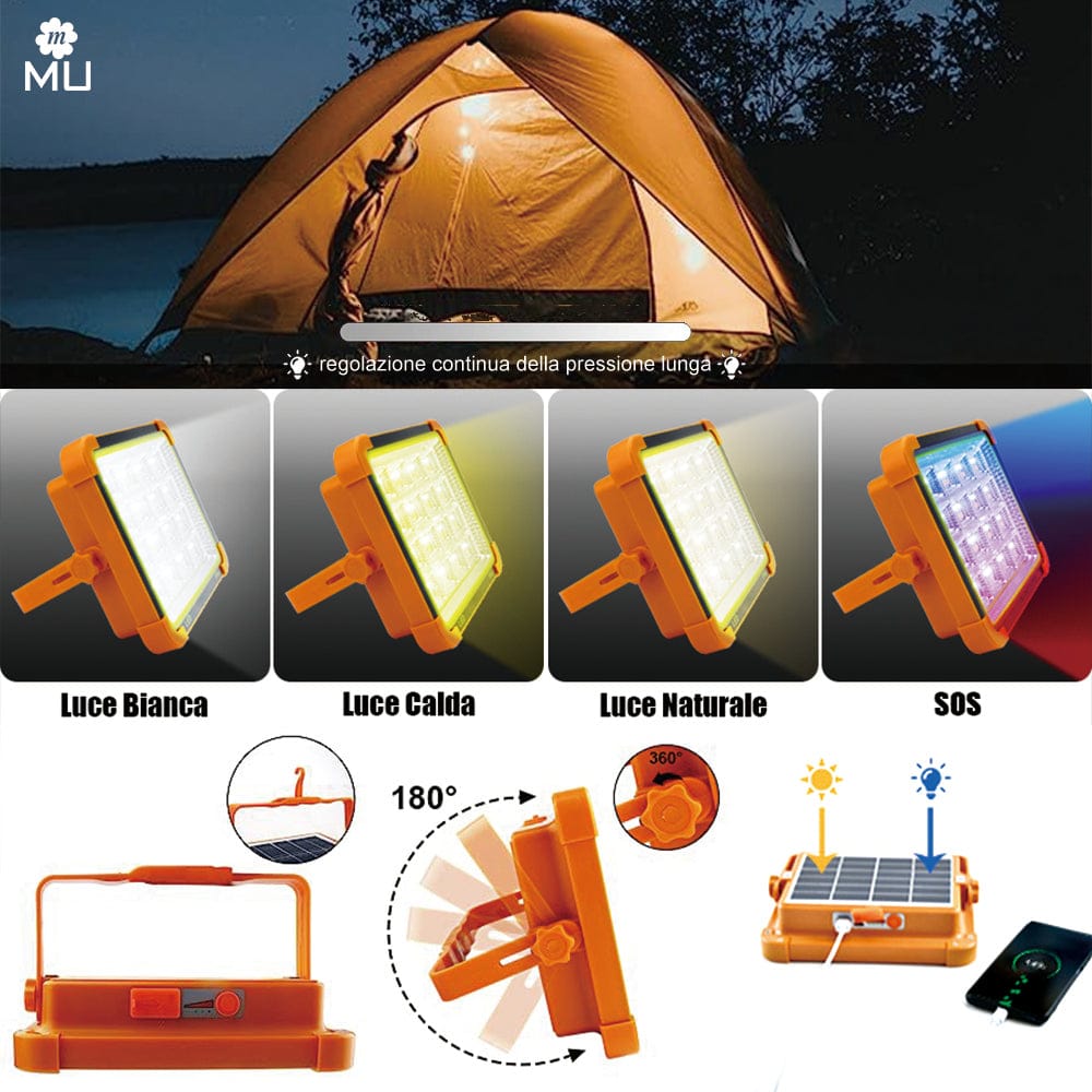 Faretto LED Portatile con Ricarica Solare e Cavo USB 15W 20W 27W 35W Impermeabile Illuminazione a Lunga Durata per Campeggio, Escursioni, Pesca, Cantieri, Black out