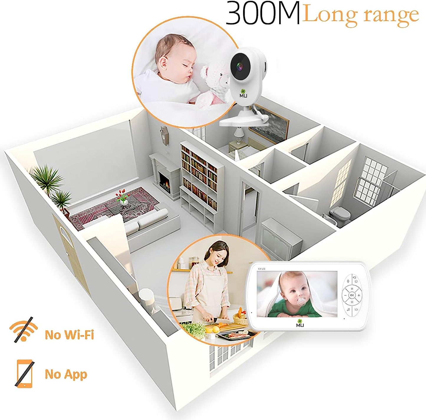 Wireless No Wifi Video and Audio Baby Monitor, 4.3'' LCD Screen, 1080p High Resolution, VOX Function, Night Vision, Temperature Monitoring, 6 Lullabies (TV-BM520-2MP)