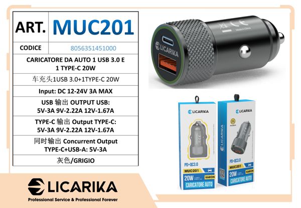 LICARIKA CARICATORE DA AUTO 1 USB 3.0 E 1 TYPE-C 20W