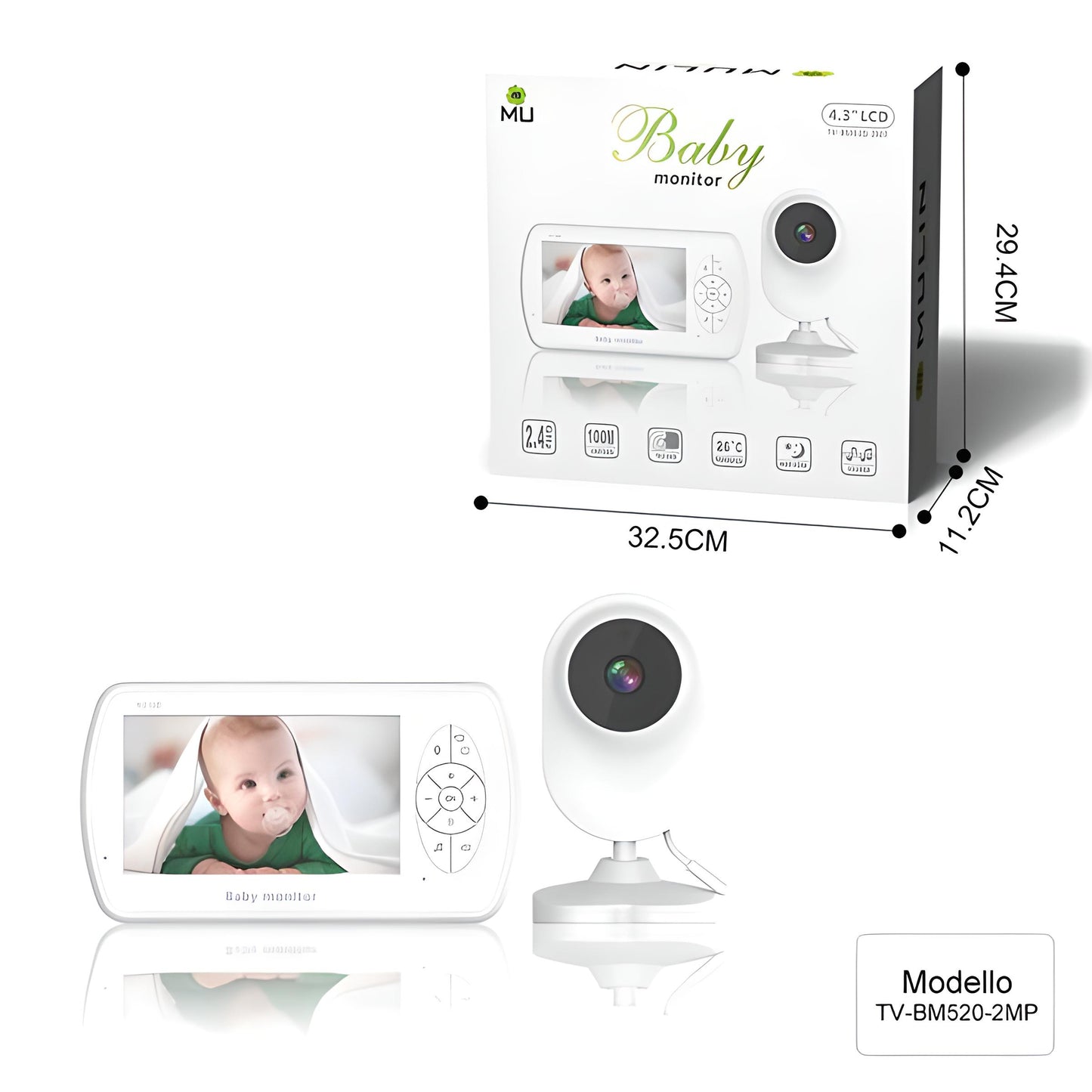 Wireless No Wifi Video and Audio Baby Monitor, 4.3'' LCD Screen, 1080p High Resolution, VOX Function, Night Vision, Temperature Monitoring, 6 Lullabies (TV-BM520-2MP)