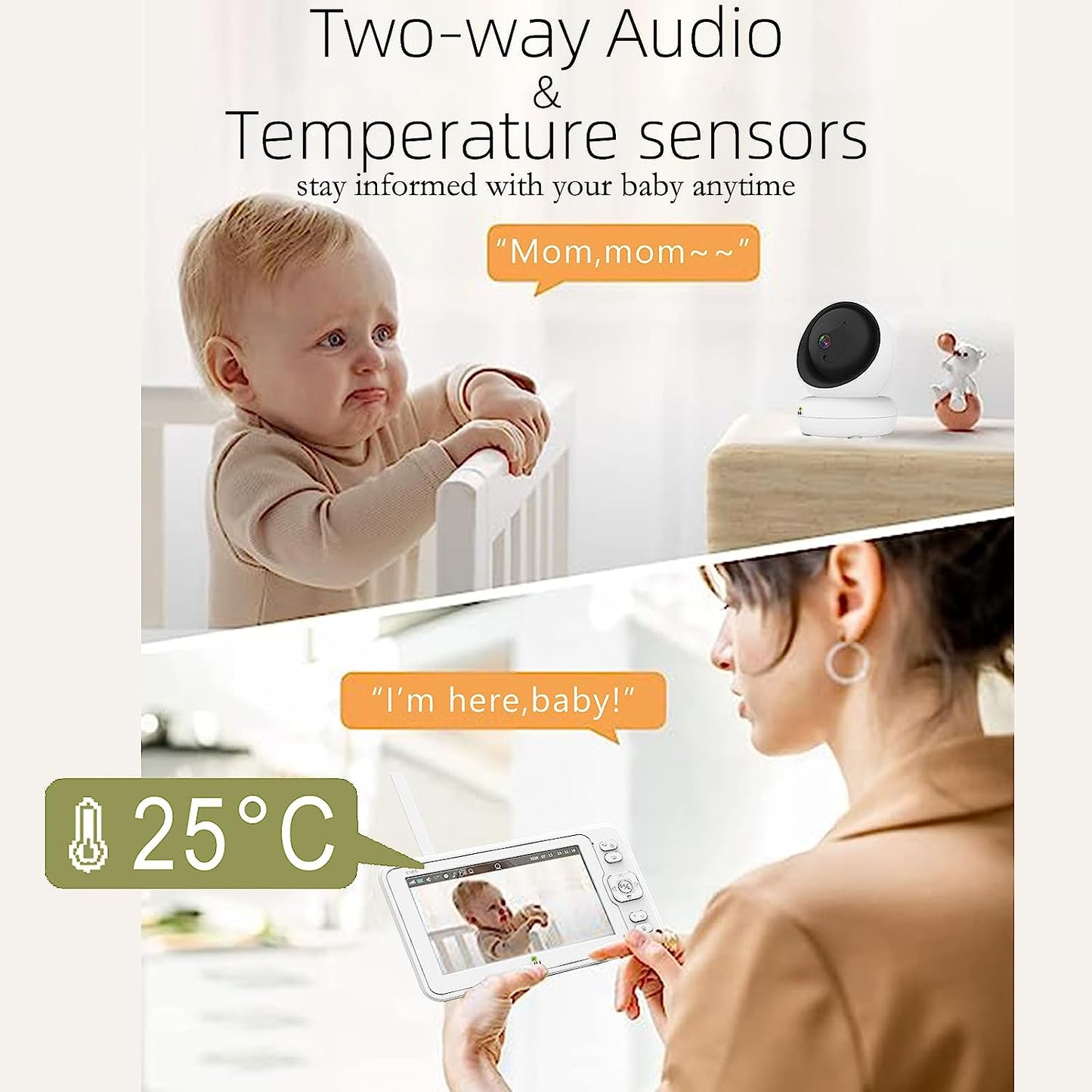 Wireless No Wifi Video and Audio Baby Monitor, 5'' LCD Screen, 1080p High Resolution, VOX Function, Night Vision, Temperature Monitoring, 6 Lullabies, 360° Rotation (TV-BM268-2MP)