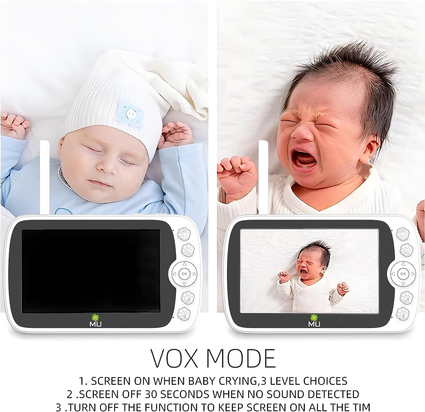 Wireless No Wifi Video and Audio Baby Monitor, 5'' LCD Screen, 1080p High Resolution, VOX Function, Night Vision, Temperature Monitoring, 6 Lullabies, 350° Rotation (TV-BM308-5C-2MP)
