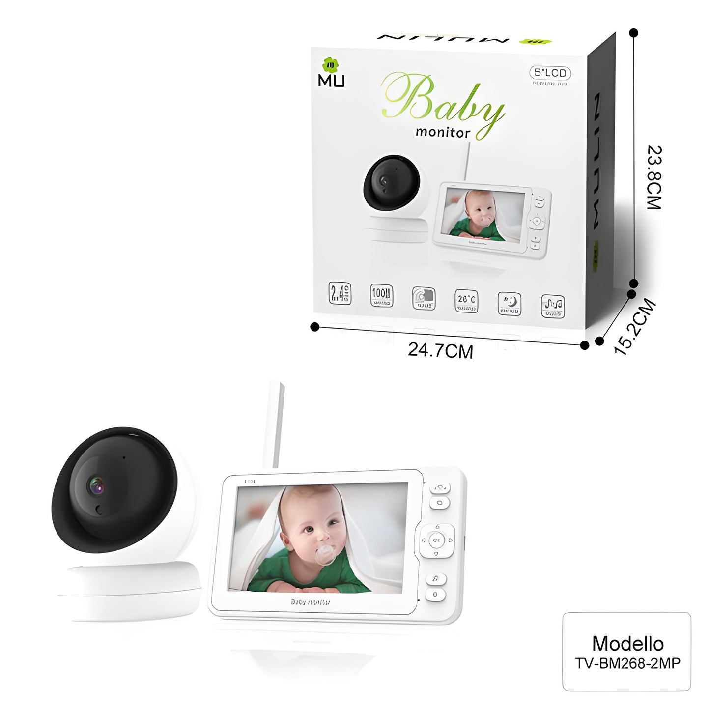 Wireless No Wifi Video and Audio Baby Monitor, 5'' LCD Screen, 1080p High Resolution, VOX Function, Night Vision, Temperature Monitoring, 6 Lullabies, 360° Rotation (TV-BM268-2MP)