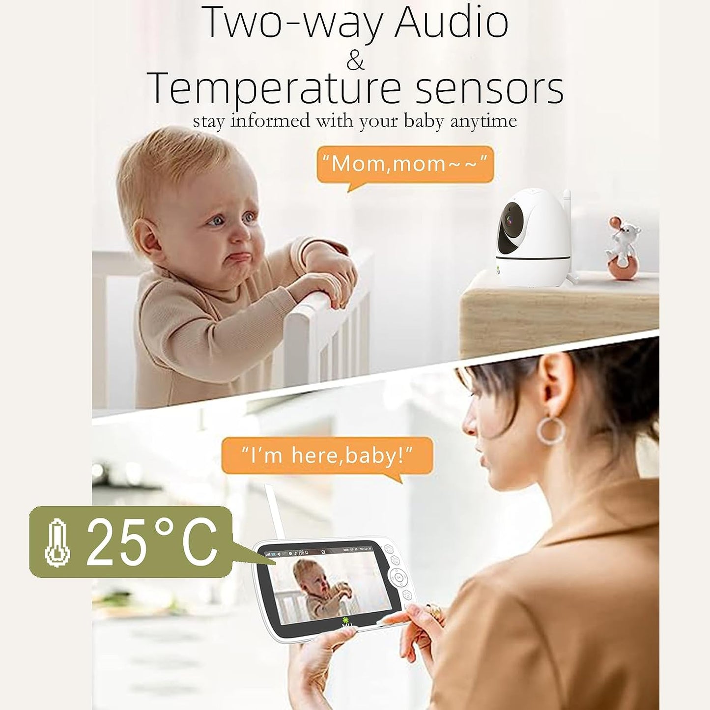 Wireless No Wifi Video and Audio Baby Monitor, 5'' LCD Screen, 1080p High Resolution, VOX Function, Night Vision, Temperature Monitoring, 6 Lullabies, 350° Rotation (TV-BM308-5C-2MP)