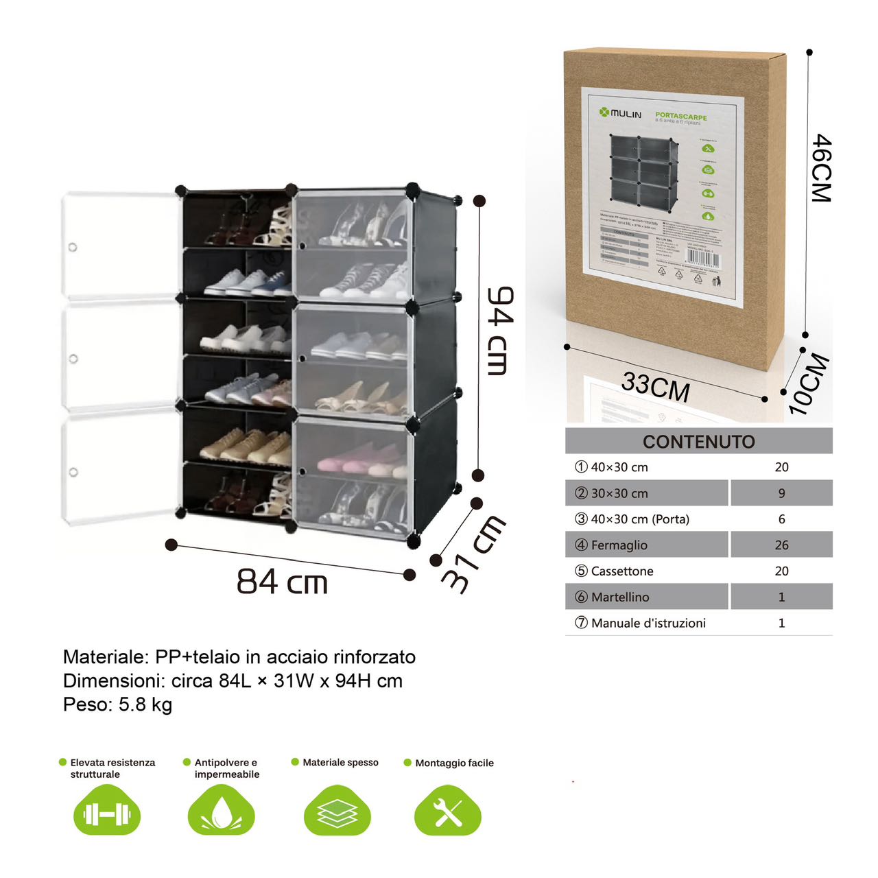 SCARPIERA MODULARI A 6 SCOMPARTI 84 x 31 x 91 cm