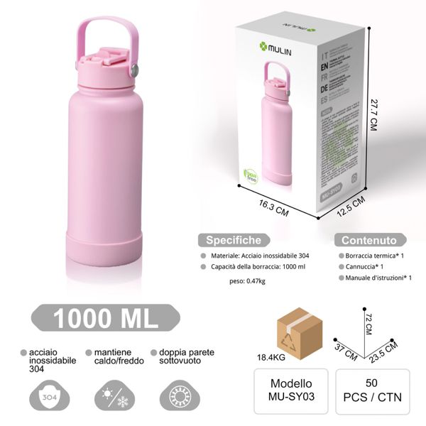 MU-SY03 ROSA 1000ML DOPPIA PARETE SOTTO MANTIENE CALDE/FREDDO