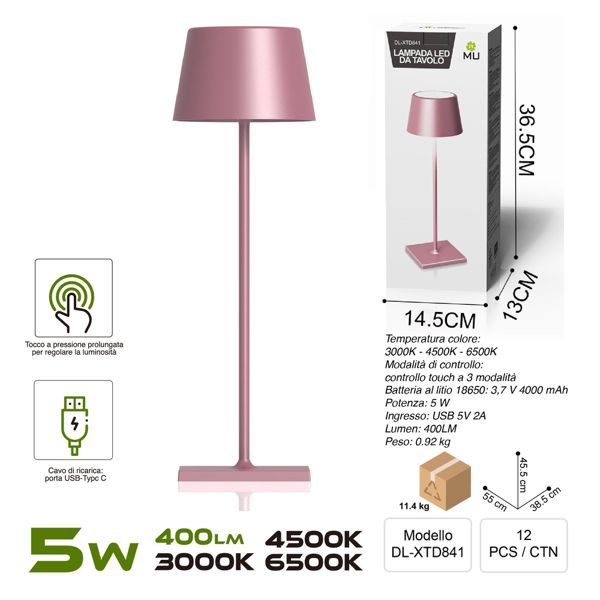 DL-XTD841 TOUCHLAMPADA IN FERRO ROSA DORATA RICARICA USB