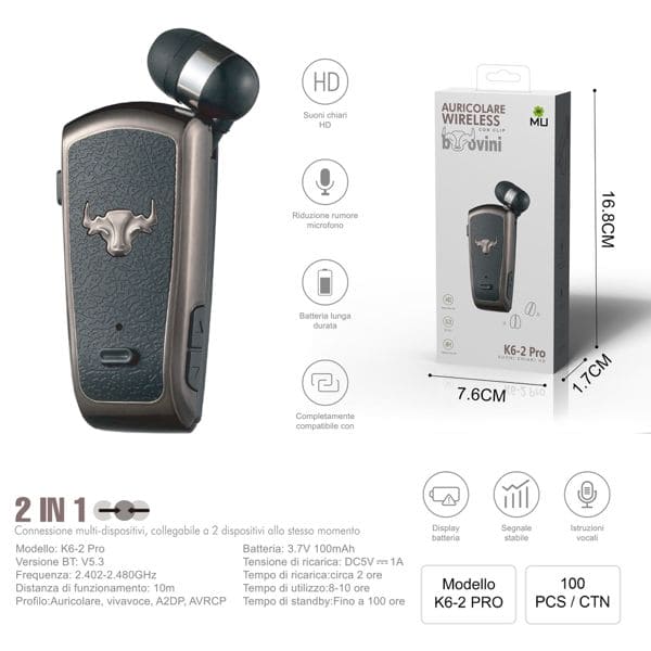 MU K6-2 PRO AURICOLARE WIRELESS