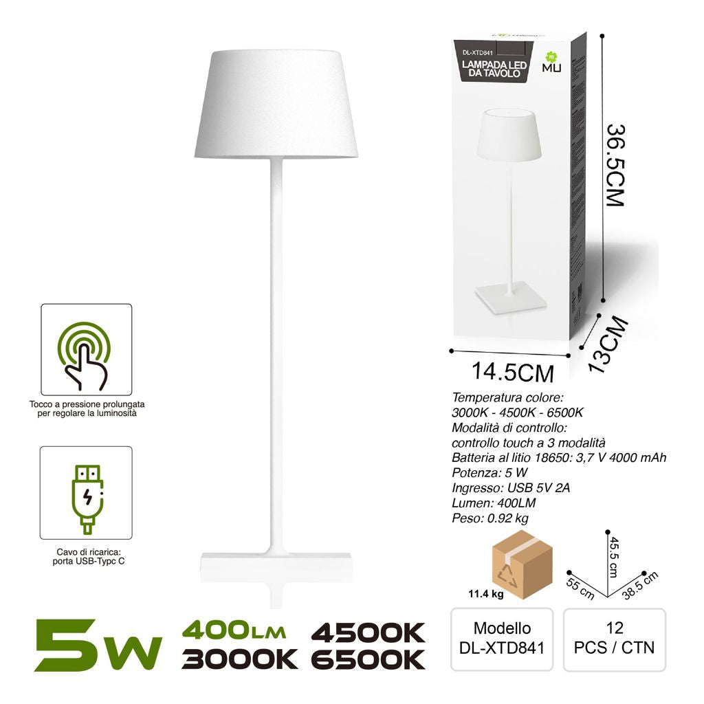 DL-XTD841 TOUCHLAMPADA IN FERRO BIANCO RICARICA USB