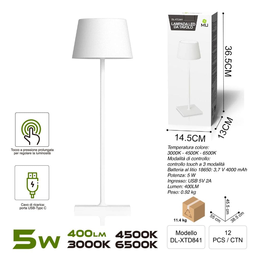 DL-XTD841 TOUCHLAMPADA IN FERRO BIANCO RICARICA USB