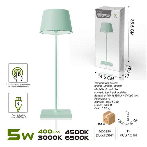 DL-XTD841 TOUCHLAMPADA IN FERRO SALVIA RICARICA USB