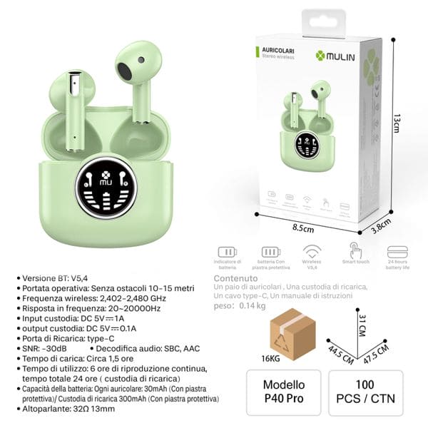 MU P4OPRO AURICOLARI STEREO WIRELESS VERDE