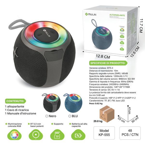 KP-555 NERO Altoparlante con laricarica wireless e luce led rgb 1800mAh