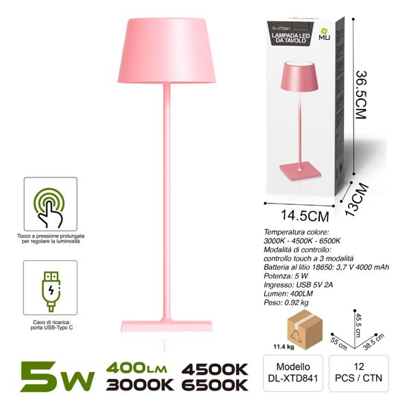 DL-XTD841 TOUCHLAMPADA IN FERRO ROSA RICARICA USB