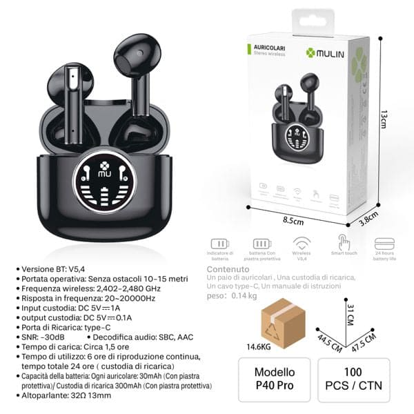 MU P40PRO AURICOLARI STEREO WIRELESS NERO
