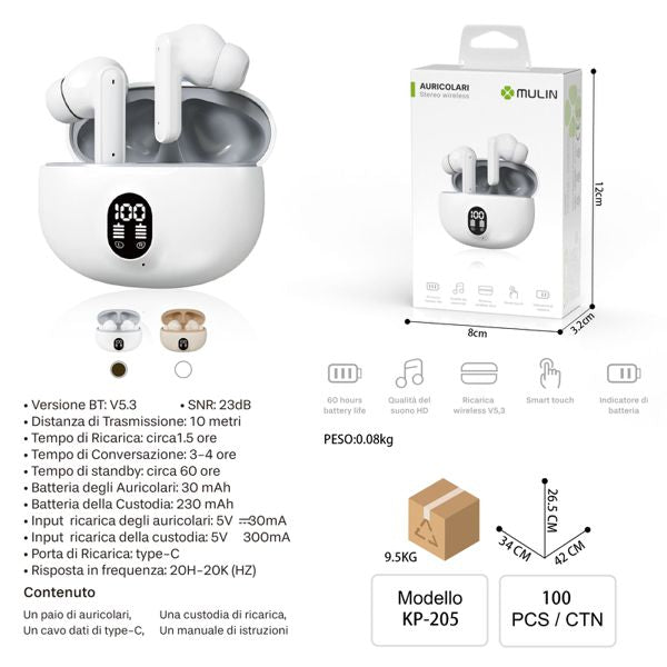KP-205 AURICOLARI STEREO WIRELESS BIANCO