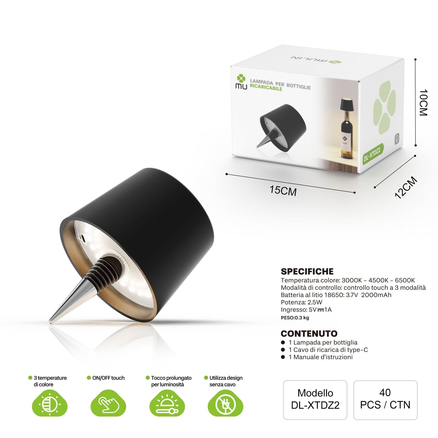 LAMPADA PER BOTTIGLIE RICARICABILE BIANCO DL-XTDZ2