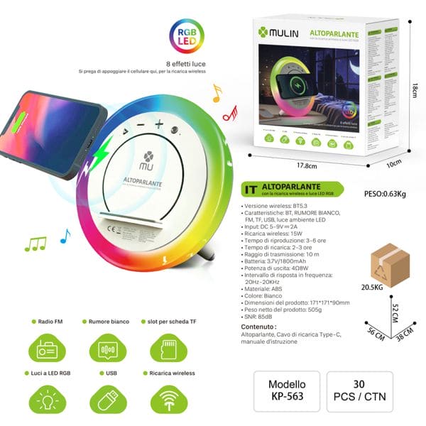 ALTOPARLANTE CON LARICARICA WIRELESS E LUCE LED RGB 1800mAh