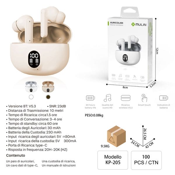 KP-205 AURICOLARI STEREO WIRELESS TORTORA