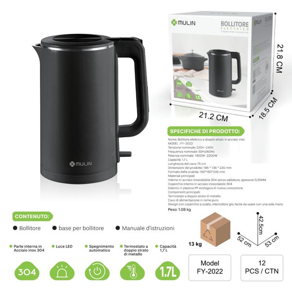 FY-2022 1.7L BOLLITORE ELETTRICO NERO