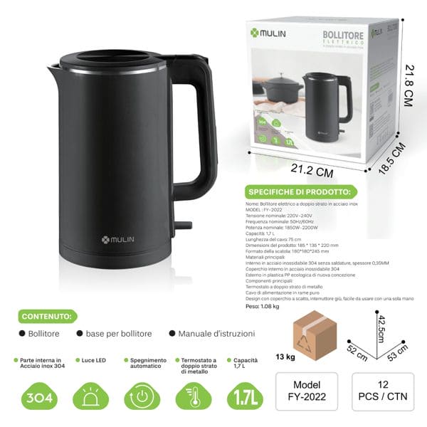FY-2022 1.7L BOLLITORE ELETTRICO NERO