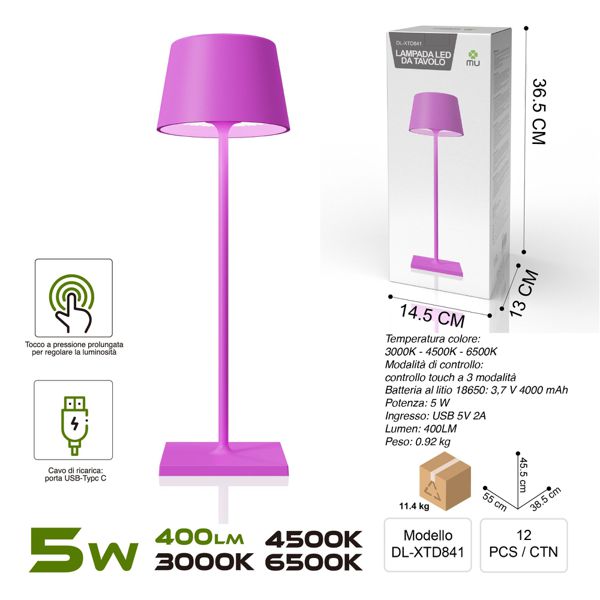 DL-XTD841 TOUCHLAMPADA IN FERRO VIOLA RICARICA USB