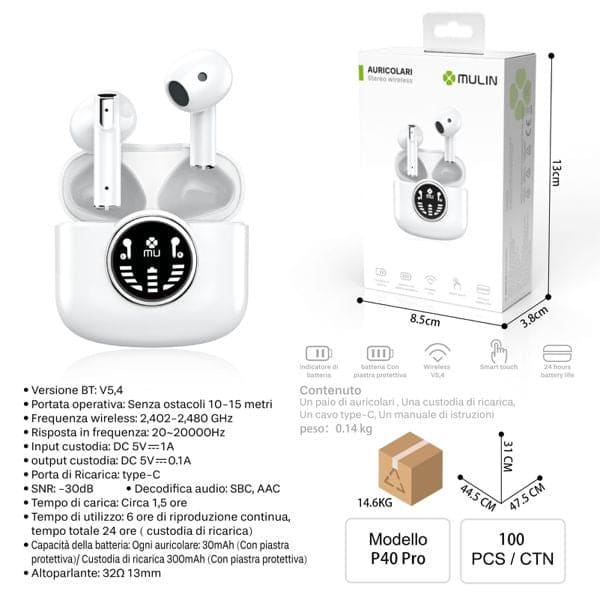 MU P40PRO AURICOLARI STEREO WIRELESS BIANCO