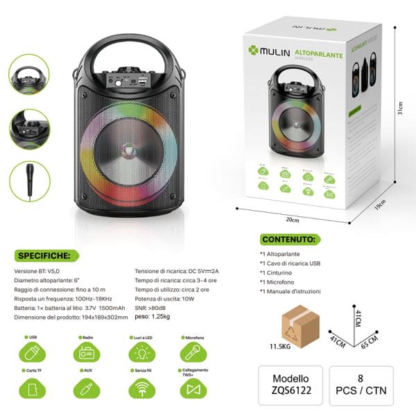 MU ZQS6122 ALTOPARLANTE WIRELESSSUPER BASS 1500mah 10w