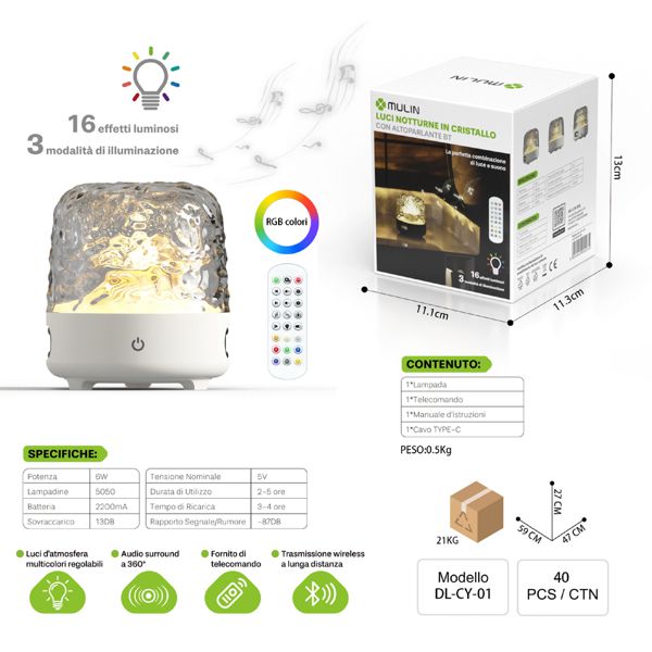 MU DL-CY-01 LUCI NOTTURNE IN CRISTALLO CON ALTOPARLANTE BT