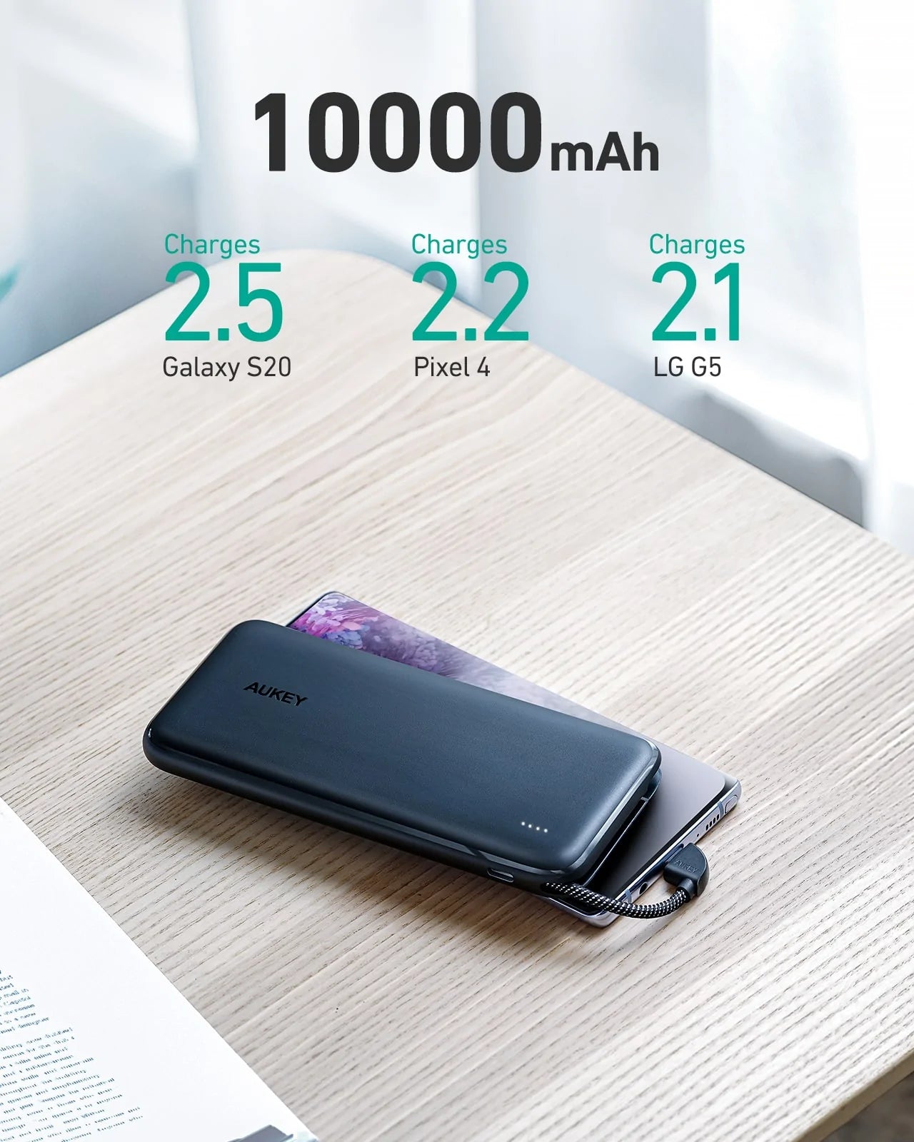 Aukey PB-N73C Power Bank Portable Charger 10,000mAh 18W Built-in USB-C Cable Fast Charging Compact Lightweight