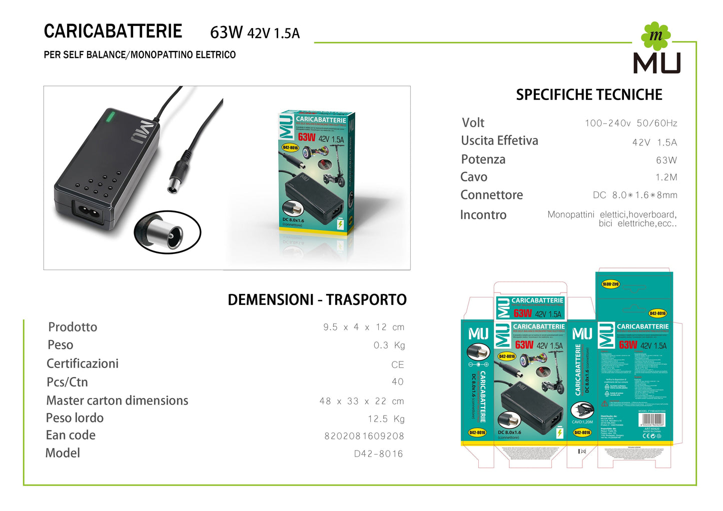 MULIN 42V 1.5A Scooter-Ladegerät geeignet, elektrisches Fahrrad-Ladegerät geeignet, Universal-Netzteil | DC 8,0 * 1,6
