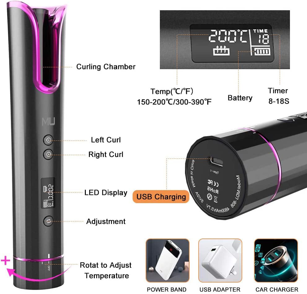 Automatic Curling Iron Professional Curling Iron - ZEROUR Portable Curling Iron Automatic Cordless Curling Iron Beautiful for Short Hair Long Hair