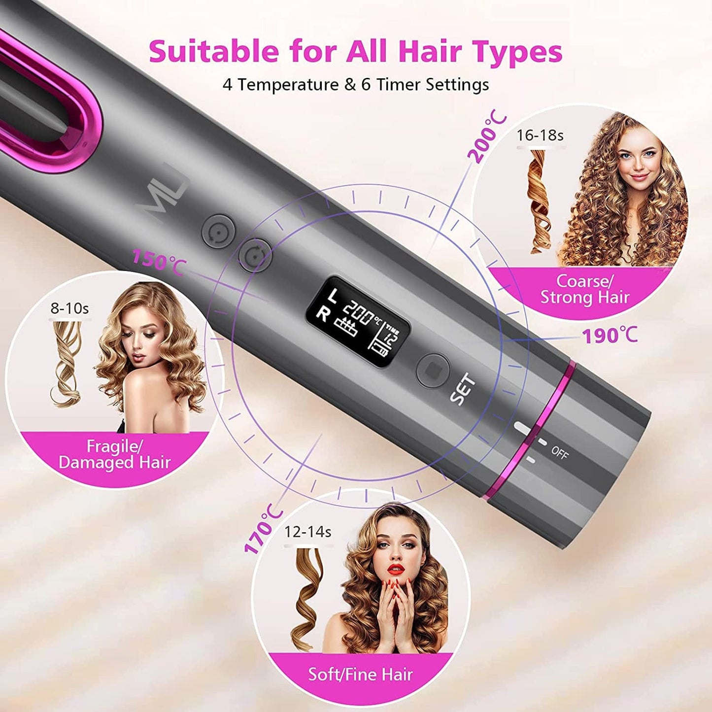 Automatic Curling Iron Professional Curling Iron - ZEROUR Portable Curling Iron Automatic Cordless Curling Iron Beautiful for Short Hair Long Hair