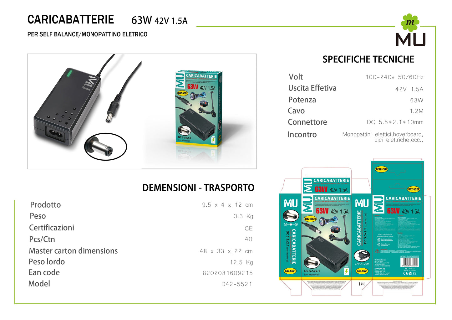 MULIN 42V 1.5A Scooter-Ladegerät geeignet, elektrisches Fahrrad-Ladegerät geeignet, universelles Netzteil | DC 5,5 * 2,1