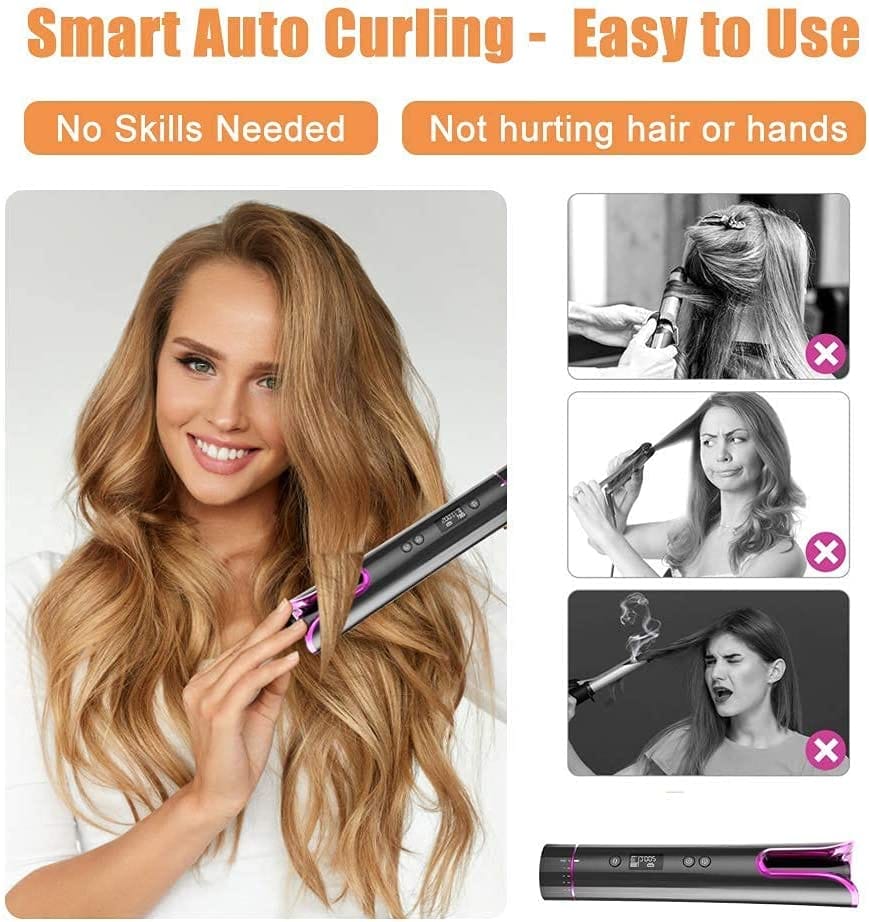 Automatic Curling Iron Professional Curling Iron - ZEROUR Portable Curling Iron Automatic Cordless Curling Iron Beautiful for Short Hair Long Hair