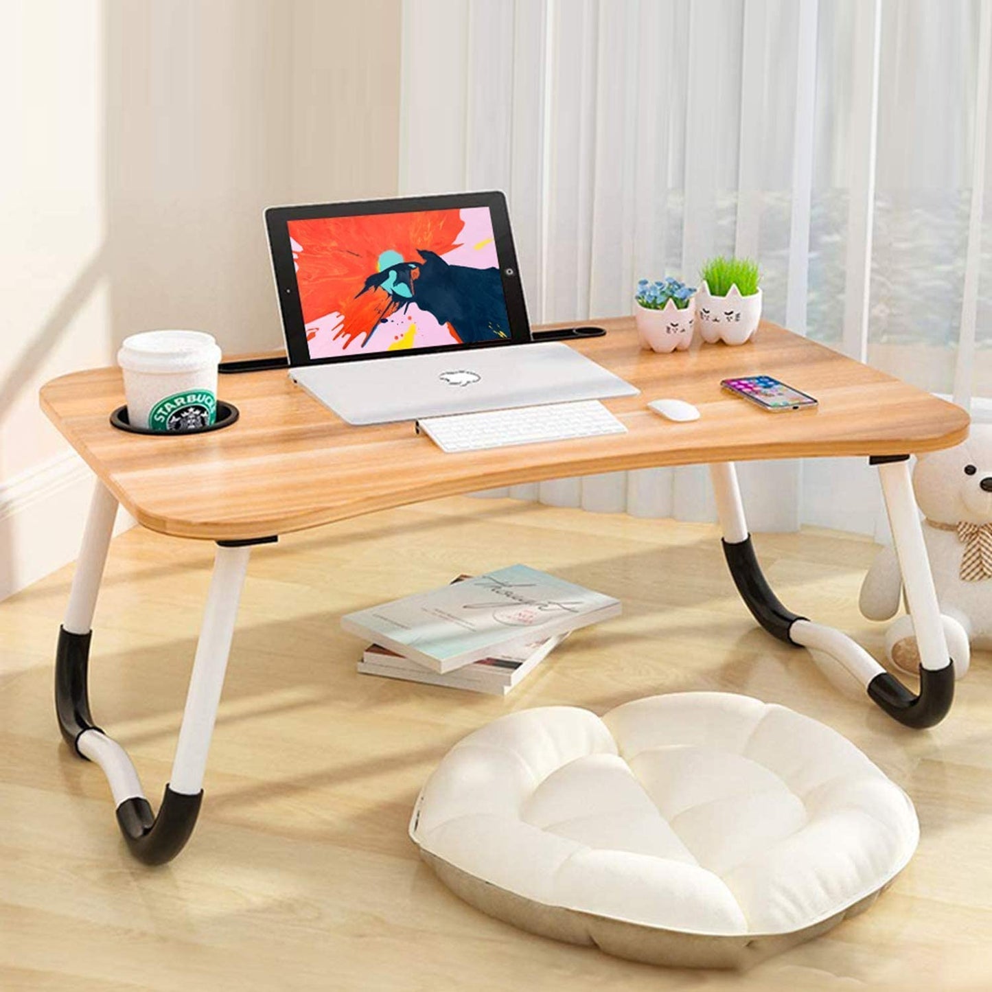 Nachttisch, klappbarer Nachttisch, Computer, Laptop, PC, Tablet, 60 x 40 x 28 cm, Weiß, Schwarz, Holzfarben